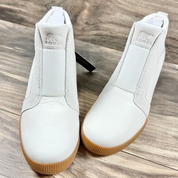 NIB Sorel Out N About Pull On Leather Wedge Sneaker Bootie 9 Sea Salt/Gum 2 - Picture 6 of 11